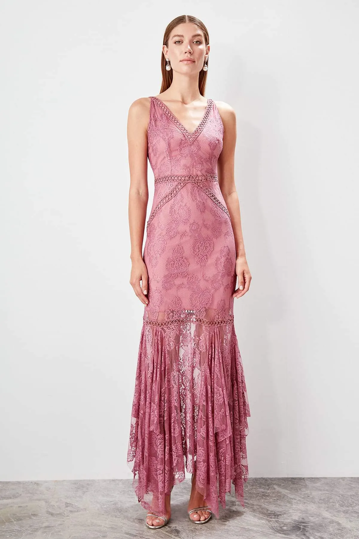 10771 Rose Pink Lace Mermaid Dress