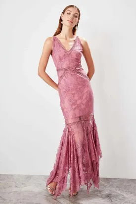 10771 Rose Pink Lace Mermaid Dress