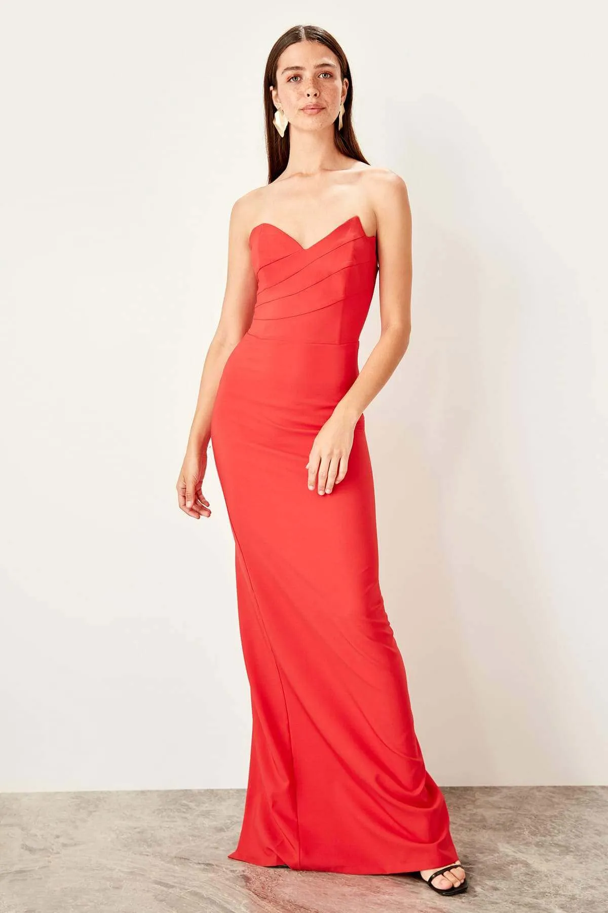 10775 Red Strapless Back Slit Dress