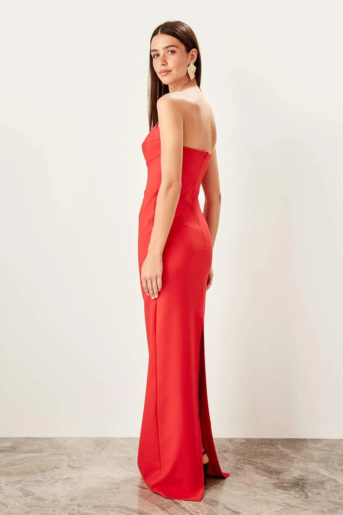 10775 Red Strapless Back Slit Dress