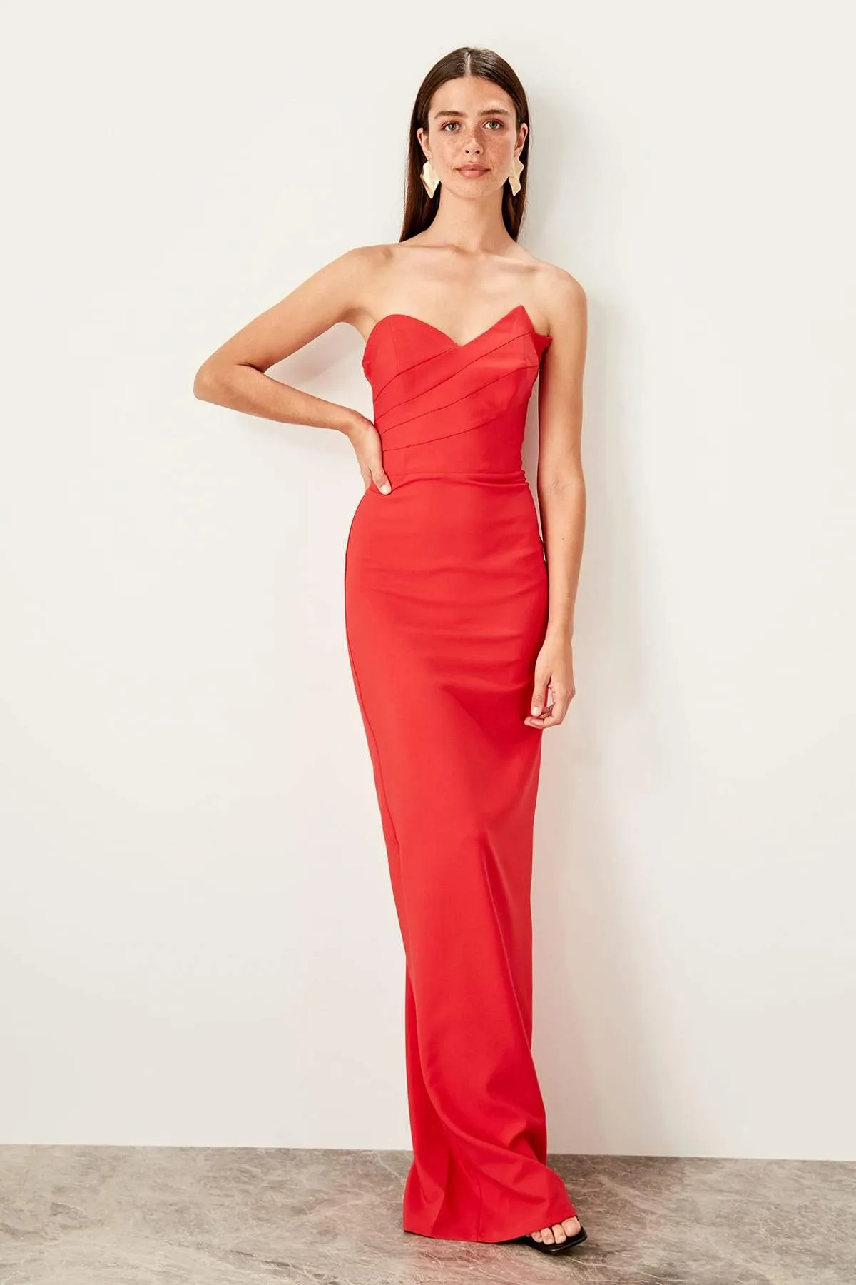 10775 Red Strapless Back Slit Dress