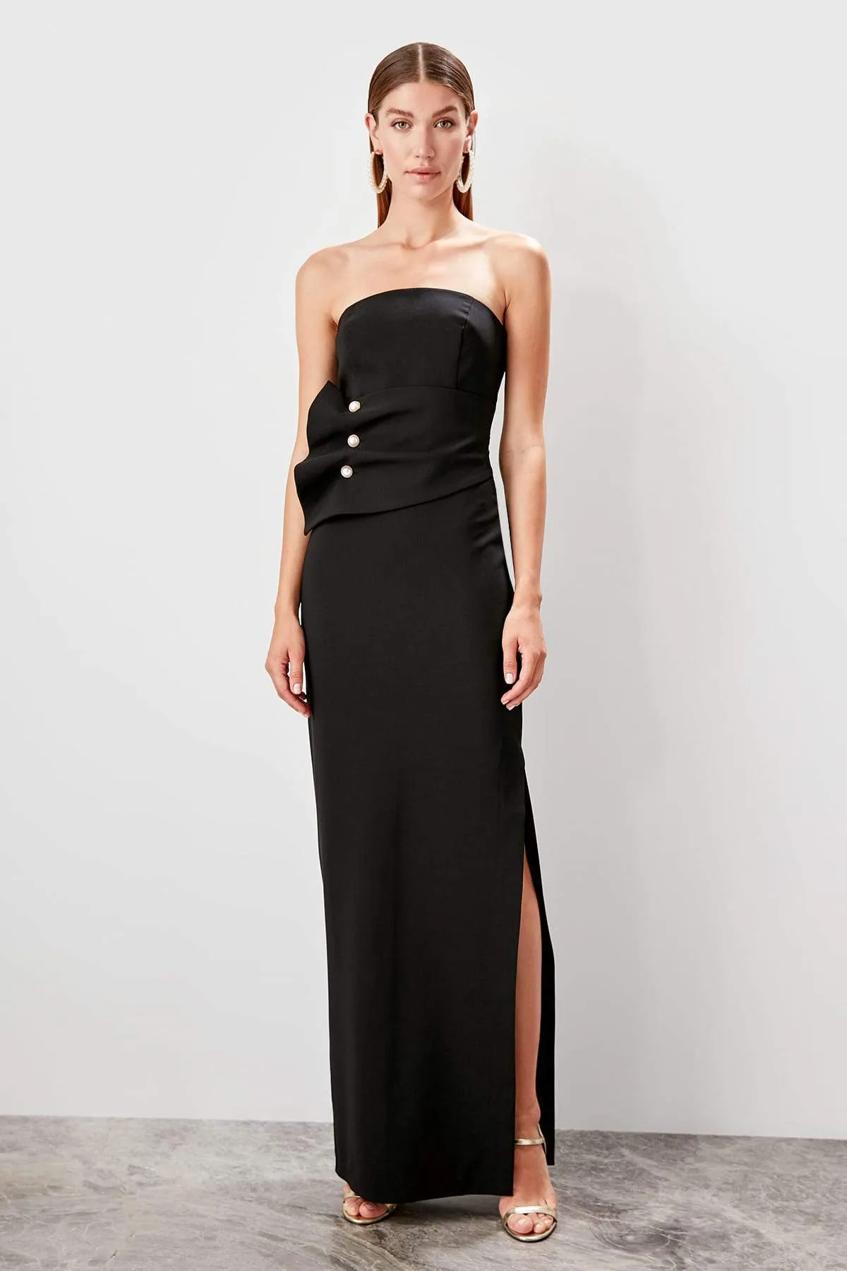 10792 Black Strapless Bow Slit Dress