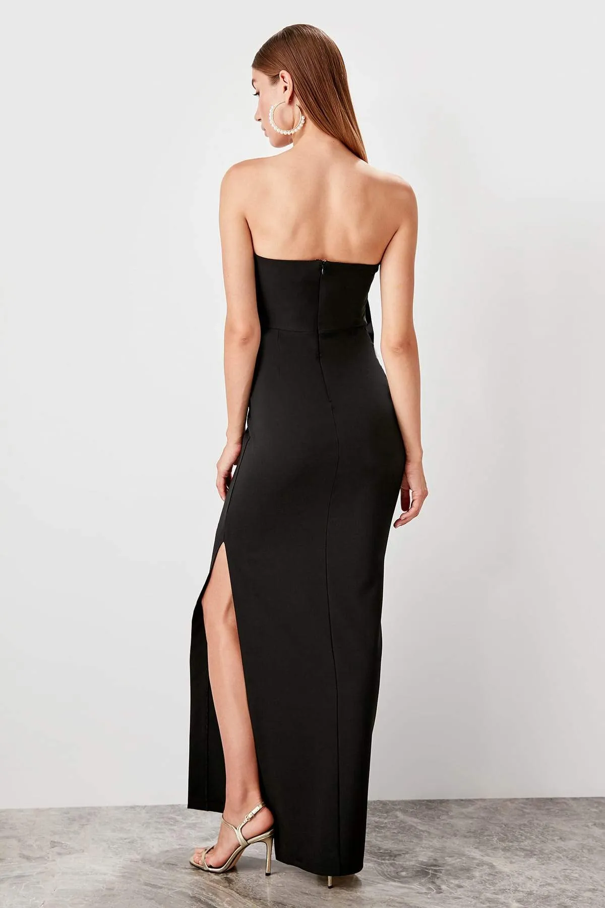 10792 Black Strapless Bow Slit Dress
