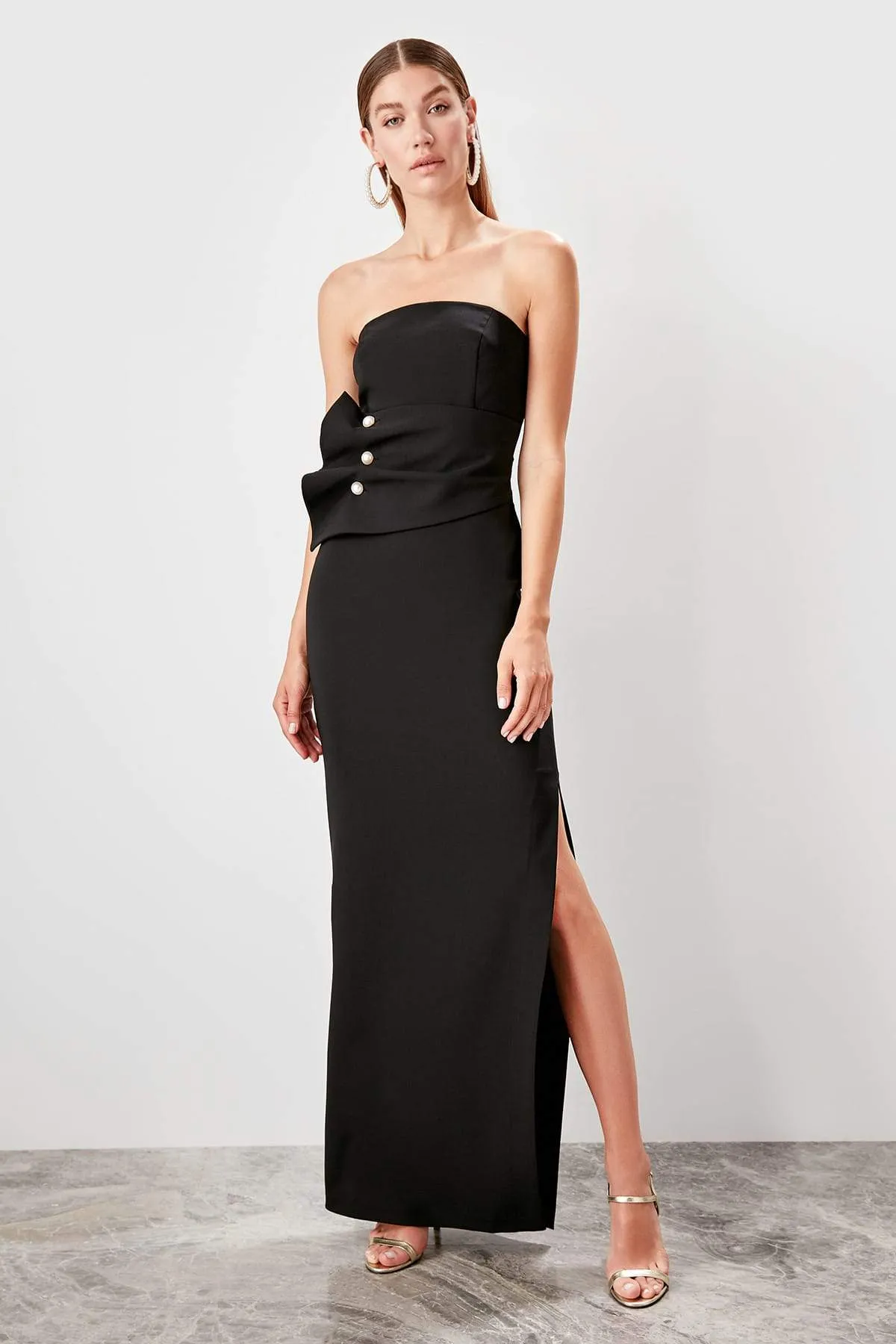 10792 Black Strapless Bow Slit Dress