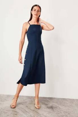 11531 Navy Blue Gold Side Button Dress