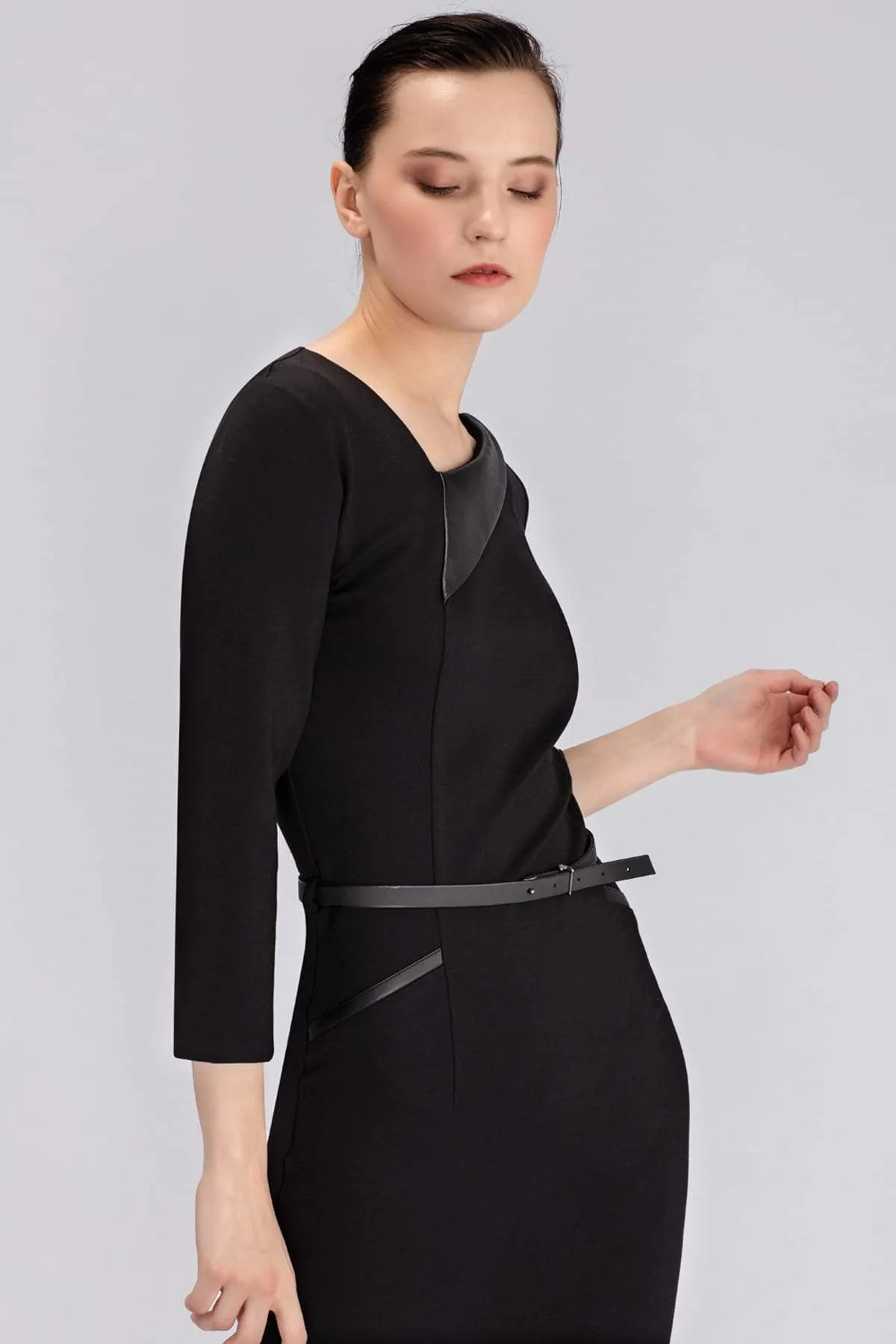 12962 Black Faux Leather Trim Dress