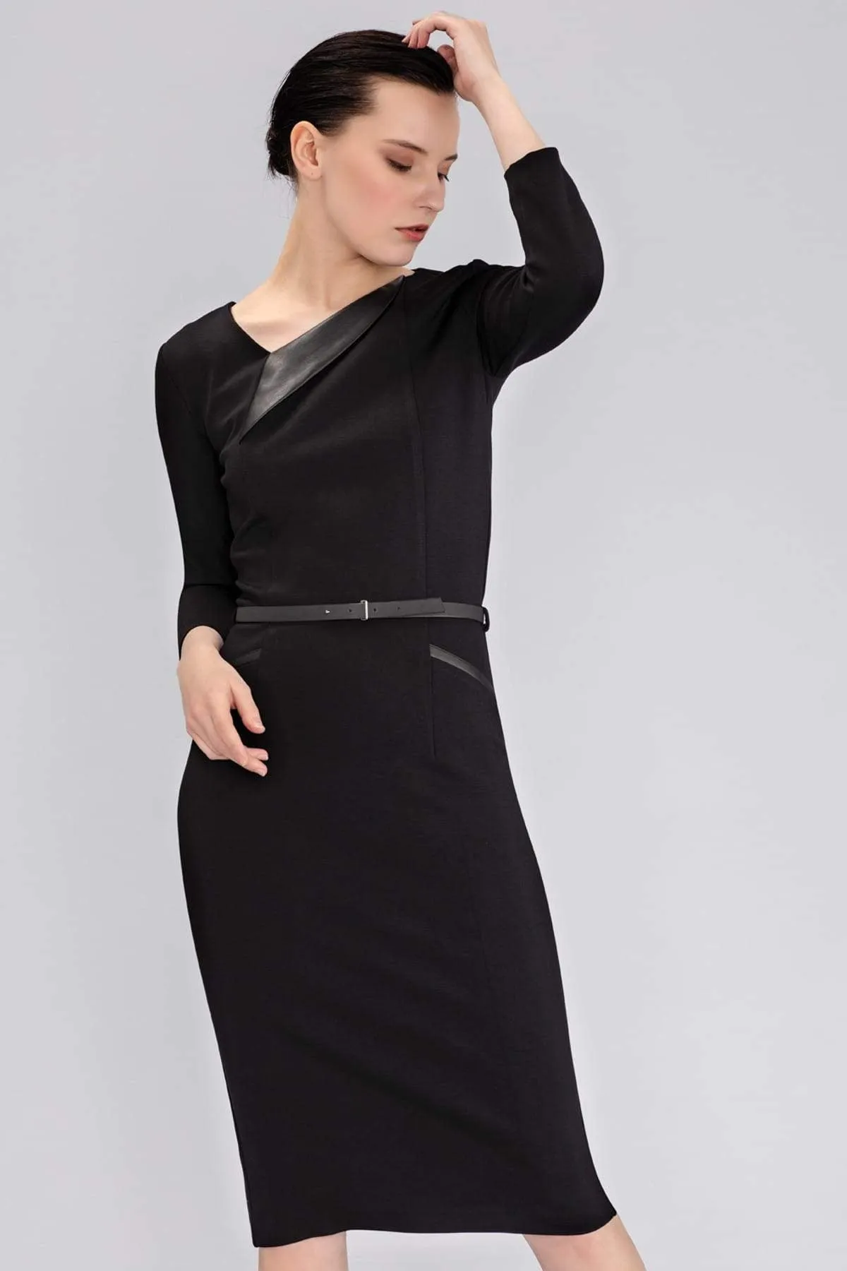 12962 Black Faux Leather Trim Dress