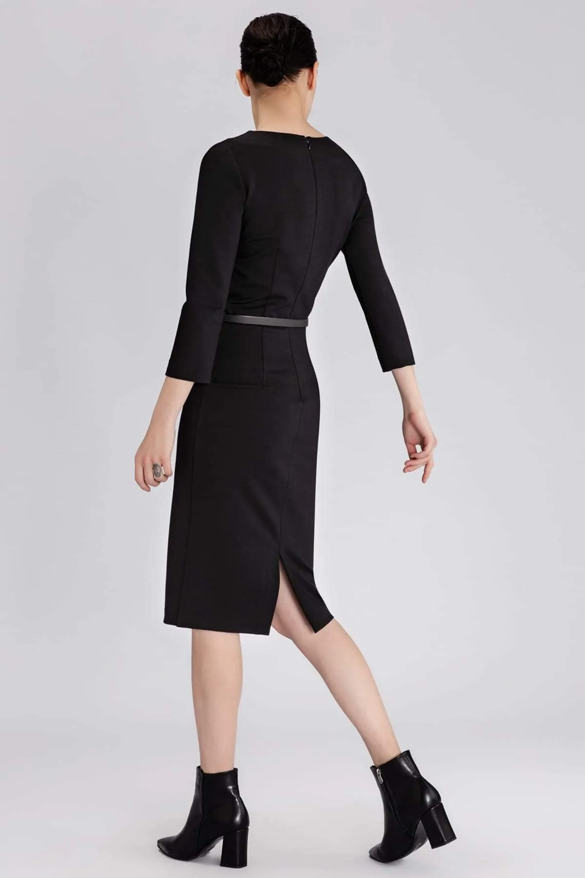 12962 Black Faux Leather Trim Dress