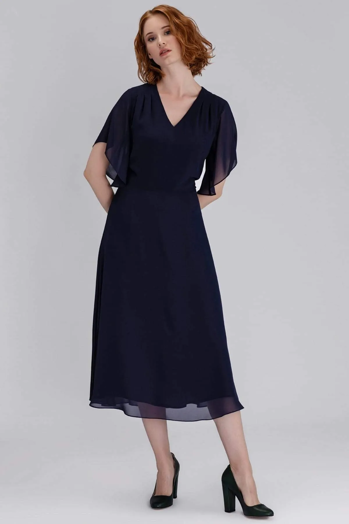12981 Navy Blue Chiffon Dress