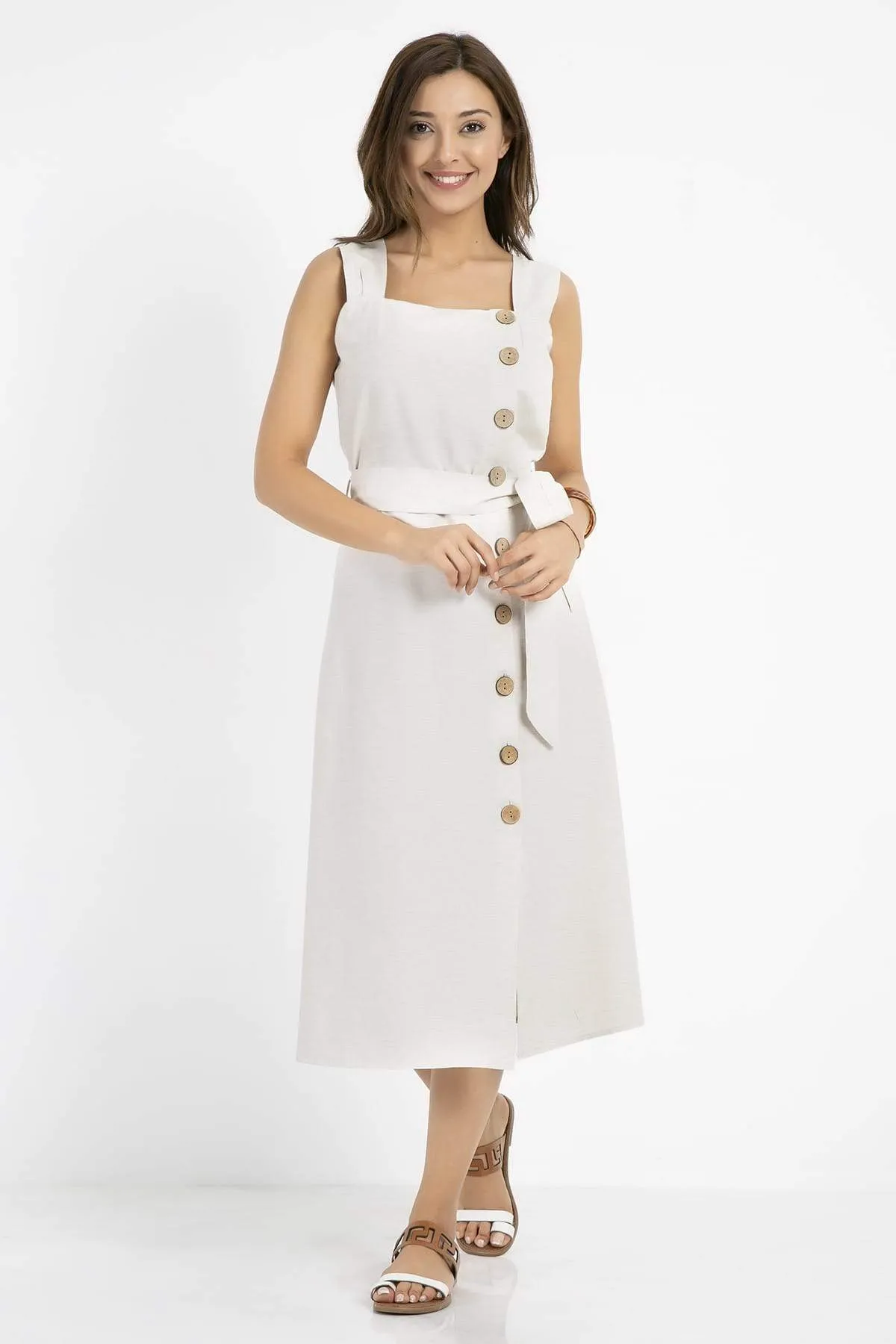 13151 Ecru Button Cotton Dress