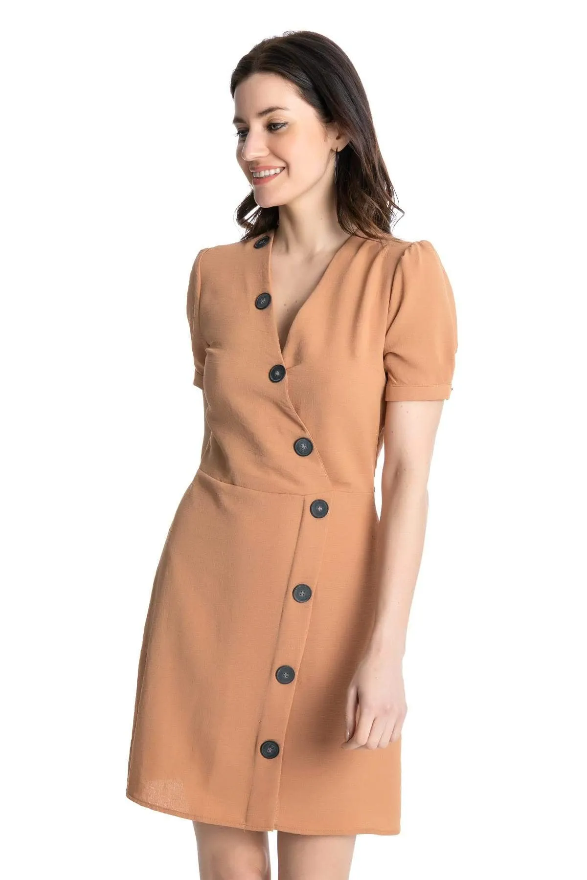 13165 Camel Short Sleeve Button Dress