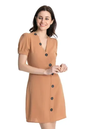 13165 Camel Short Sleeve Button Dress