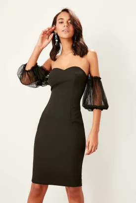 13345 Black Off-Shoulder Tulle Sleeve Dress