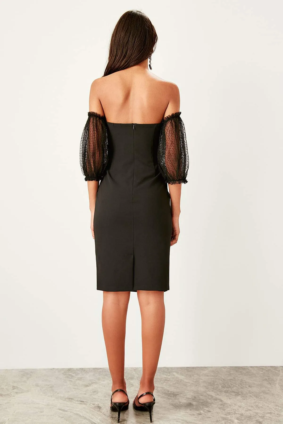 13345 Black Off-Shoulder Tulle Sleeve Dress