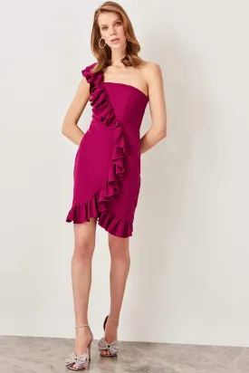 13408 Fuschia One Shoulder Ruffle Dress