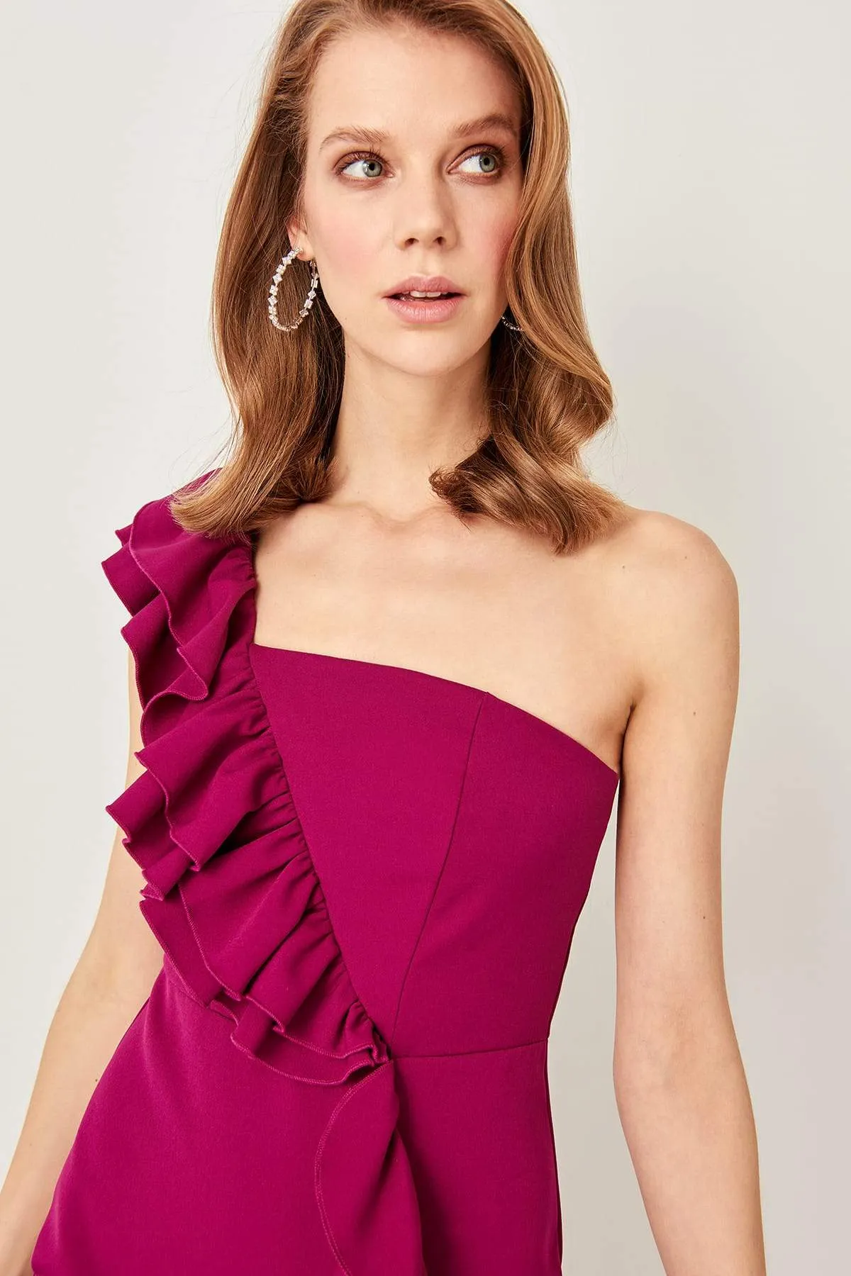 13408 Fuschia One Shoulder Ruffle Dress