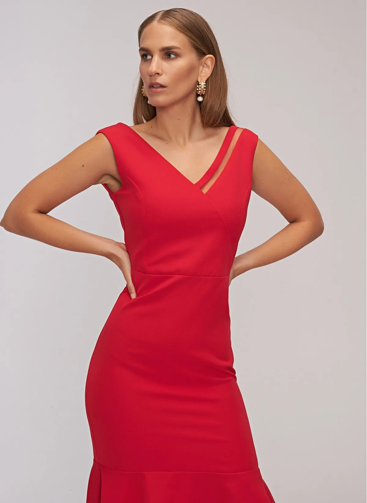 13511 Red Asymmetric Mermaid Dress