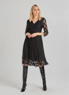 15972 Black Pleated Tulle Lace Dress