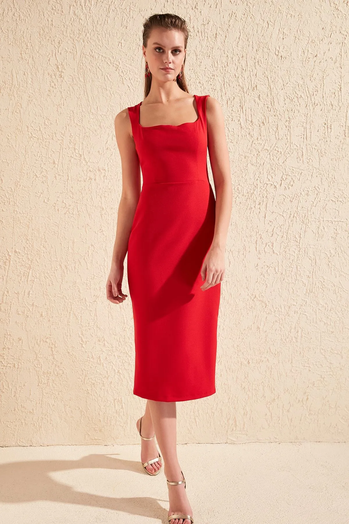 16407 Red Cutout Back Pencil Dress