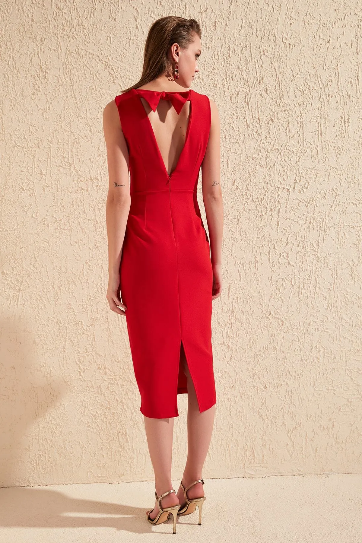 16407 Red Cutout Back Pencil Dress