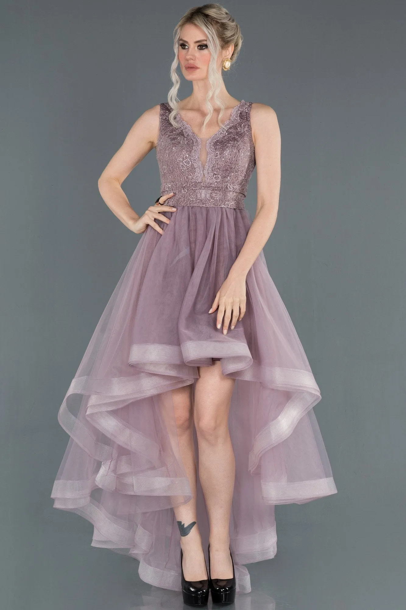 16825 Lavender Rose Short Front Long Back Lace Tulle Princess Dress
