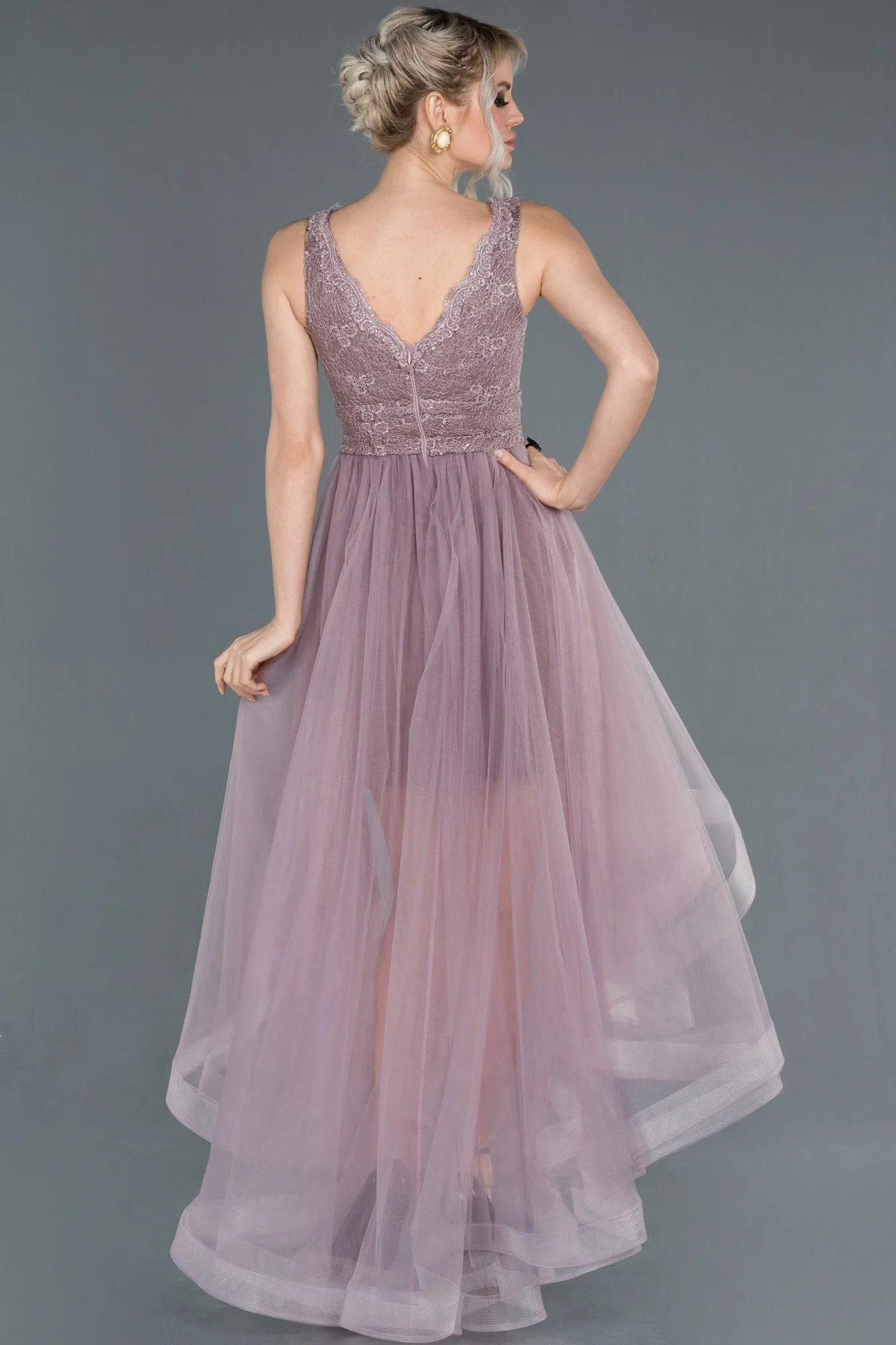 16825 Lavender Rose Short Front Long Back Lace Tulle Princess Dress
