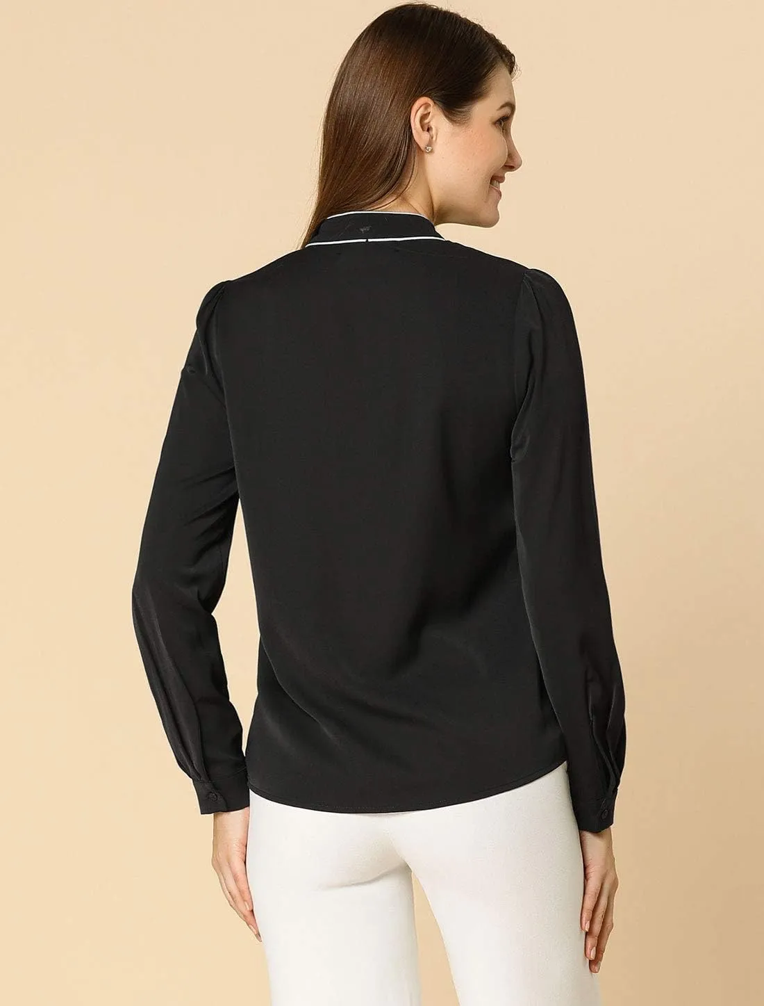 Allegra K Women's Bow Tie Blouse Button Down Long Sleeve Business Casual Work Shirt Top