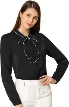 Allegra K Women's Bow Tie Blouse Button Down Long Sleeve Business Casual Work Shirt Top