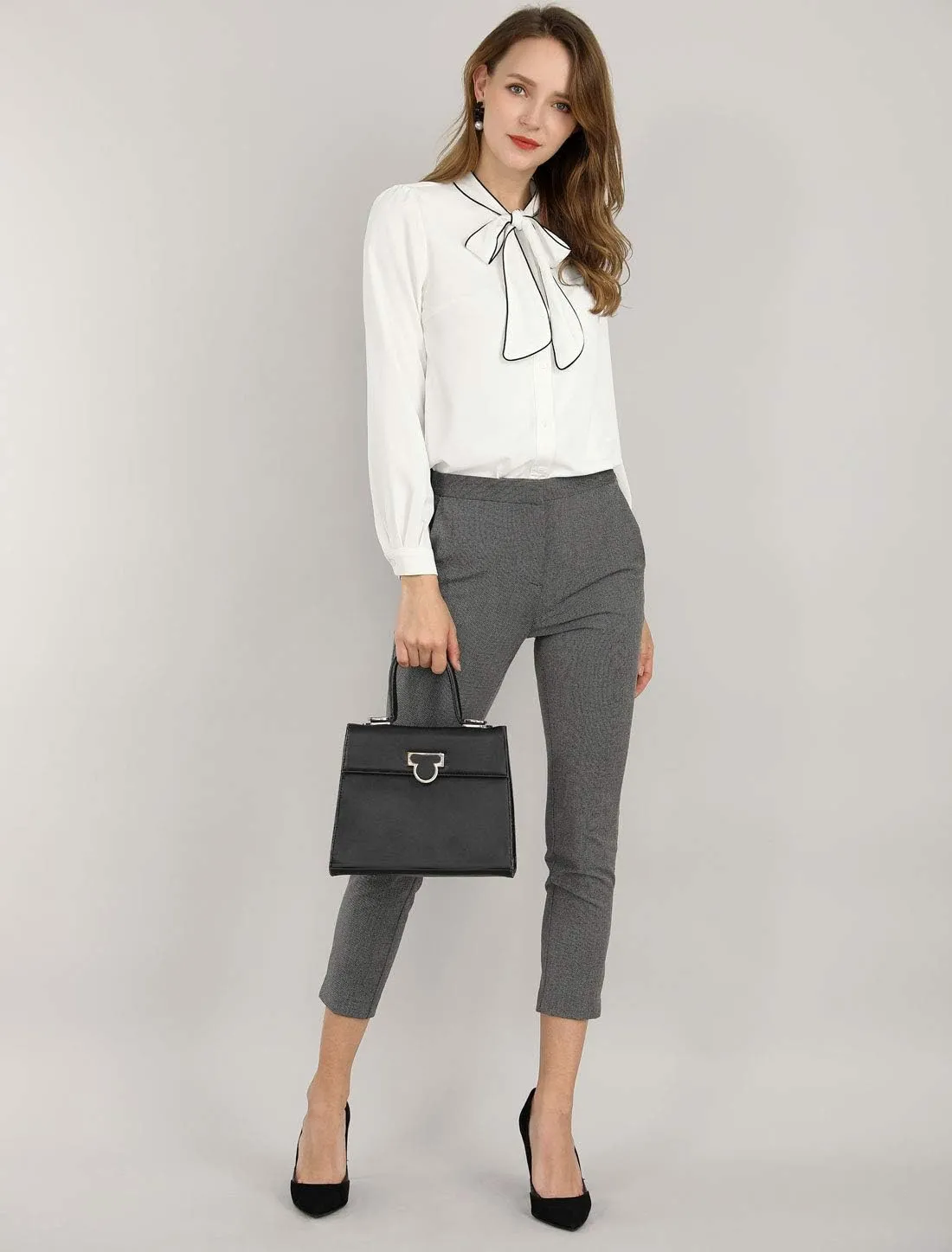 Allegra K Women's Bow Tie Blouse Button Down Long Sleeve Business Casual Work Shirt Top