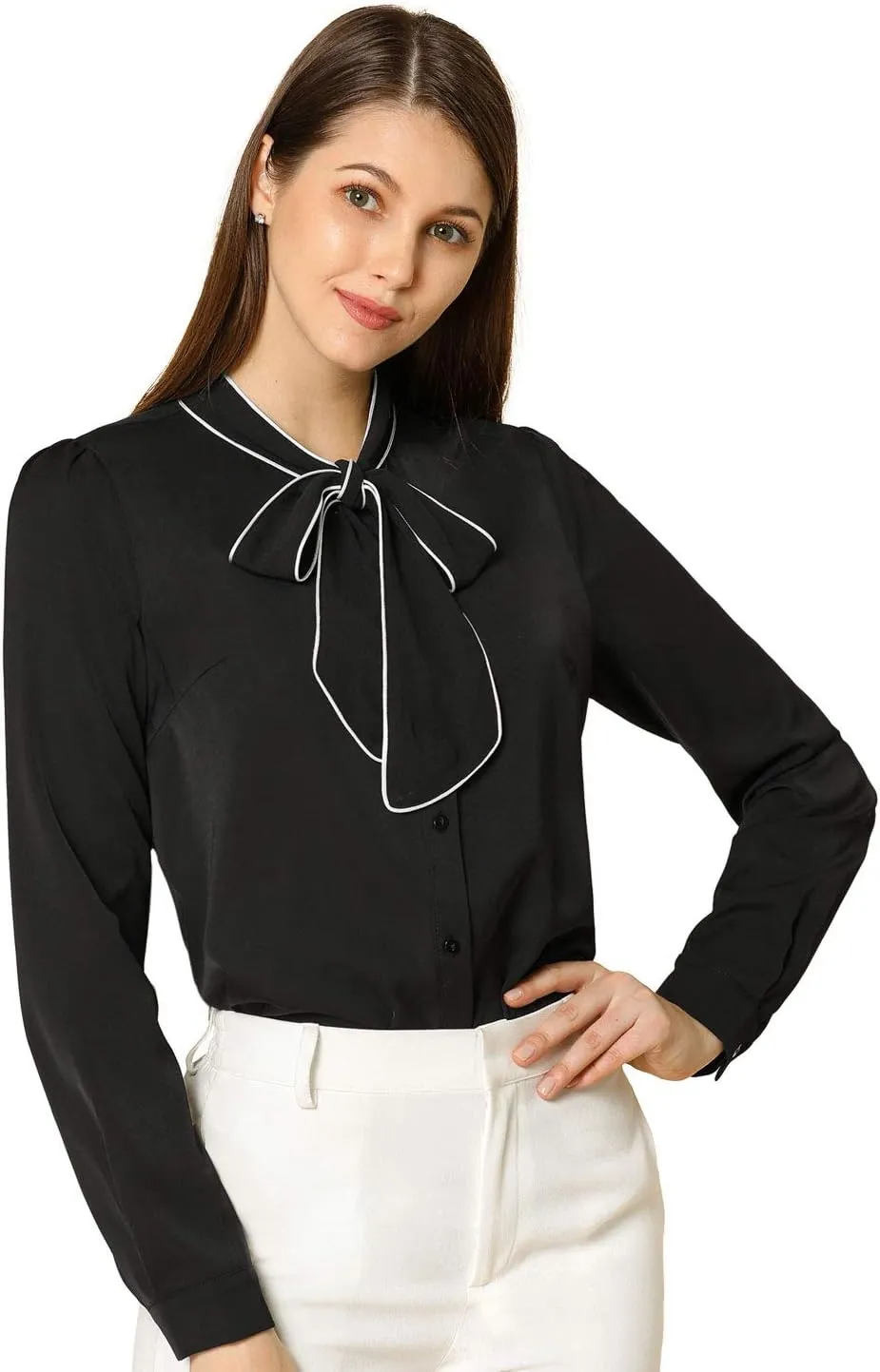 Allegra K Women's Bow Tie Blouse Button Down Long Sleeve Business Casual Work Shirt Top