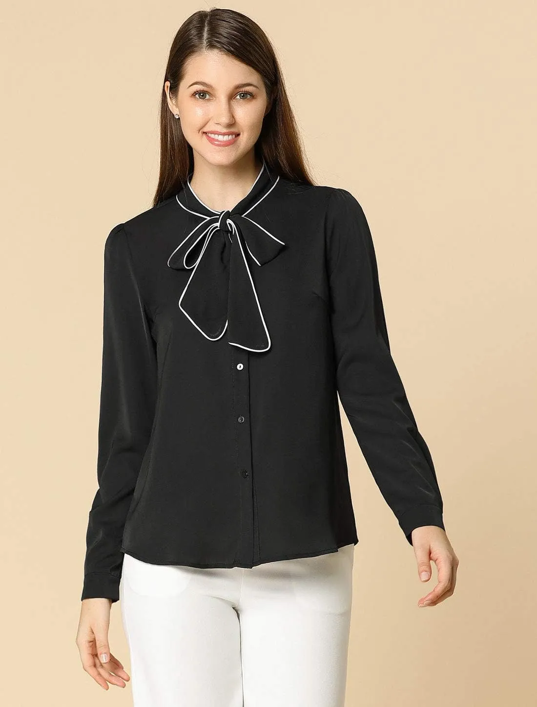 Allegra K Women's Bow Tie Blouse Button Down Long Sleeve Business Casual Work Shirt Top