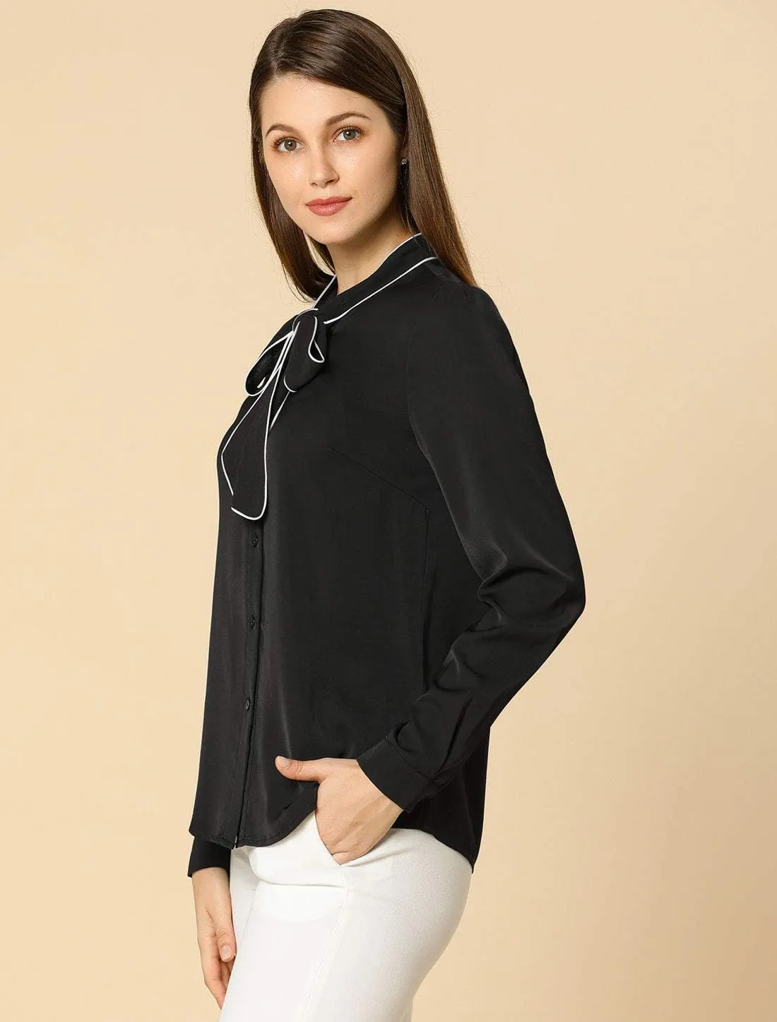 Allegra K Women's Bow Tie Blouse Button Down Long Sleeve Business Casual Work Shirt Top