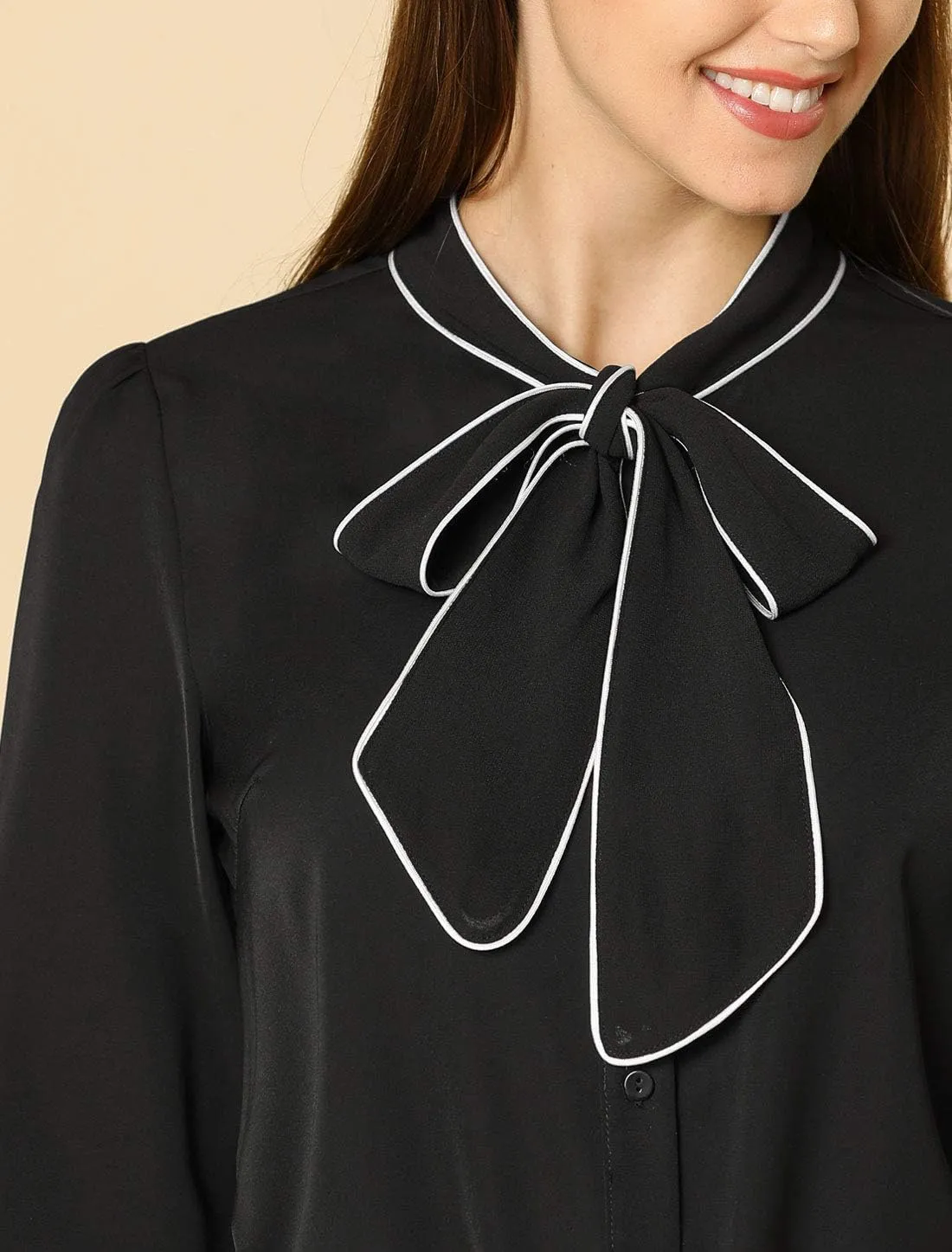Allegra K Women's Bow Tie Blouse Button Down Long Sleeve Business Casual Work Shirt Top