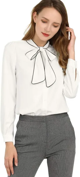 Allegra K Women's Bow Tie Blouse Button Down Long Sleeve Business Casual Work Shirt Top