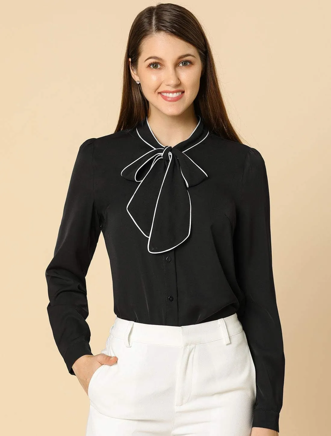 Allegra K Women's Bow Tie Blouse Button Down Long Sleeve Business Casual Work Shirt Top