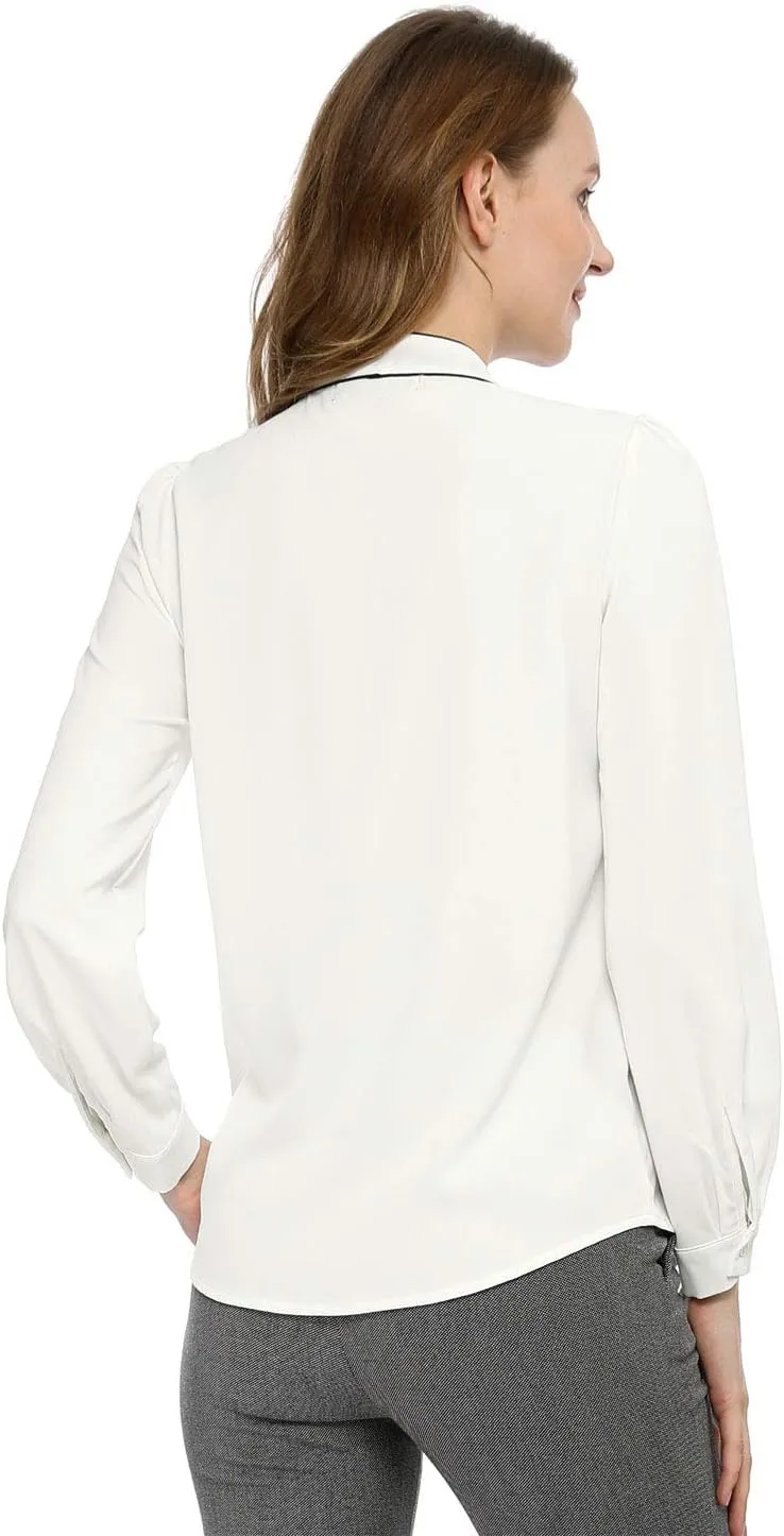 Allegra K Women's Bow Tie Blouse Button Down Long Sleeve Business Casual Work Shirt Top