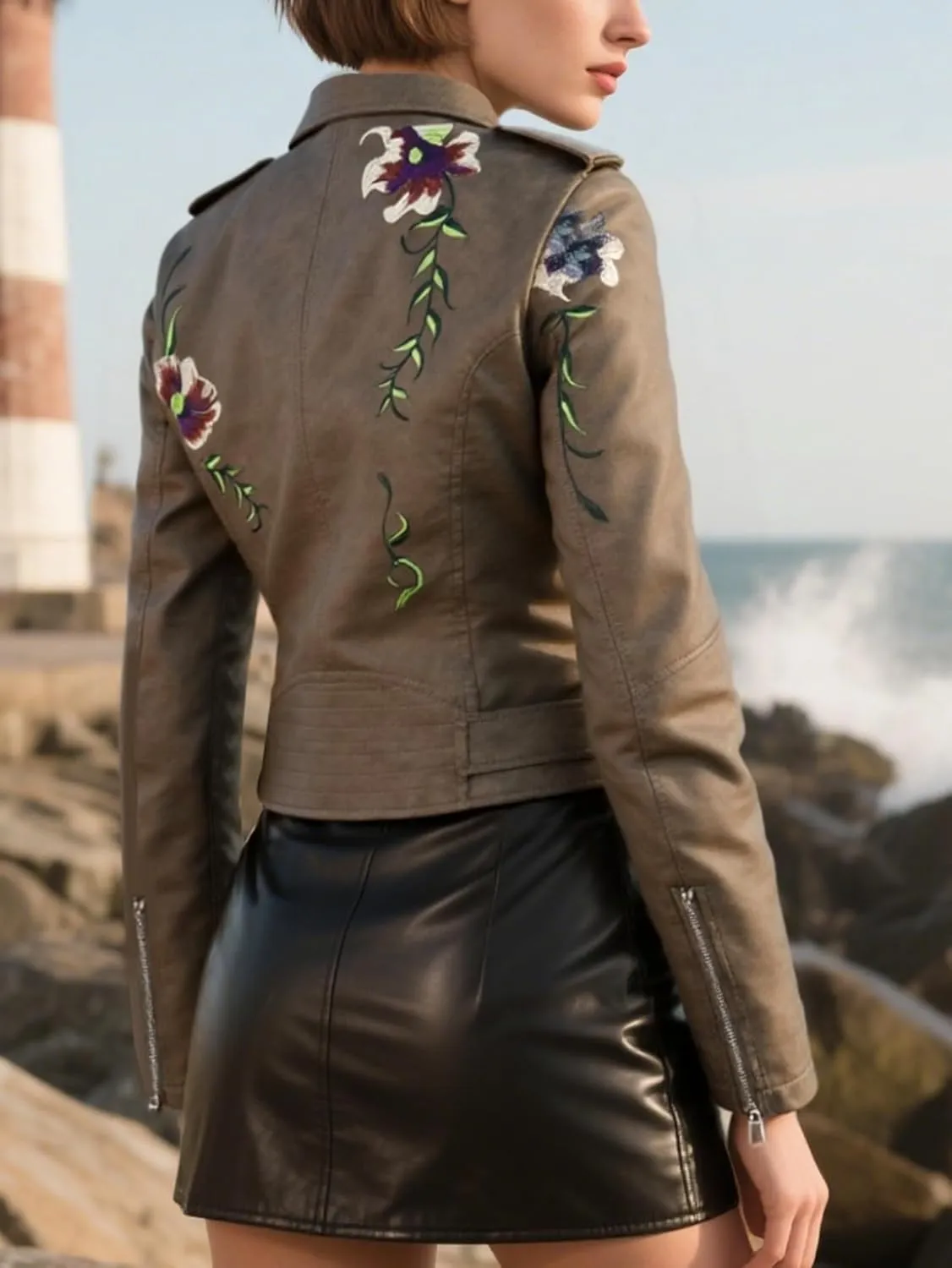 Bellivera Women Faux Leather Jacket Studded Rivet Floral Moto Biker Coat