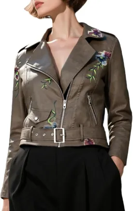 Bellivera Women Faux Leather Jacket Studded Rivet Floral Moto Biker Coat