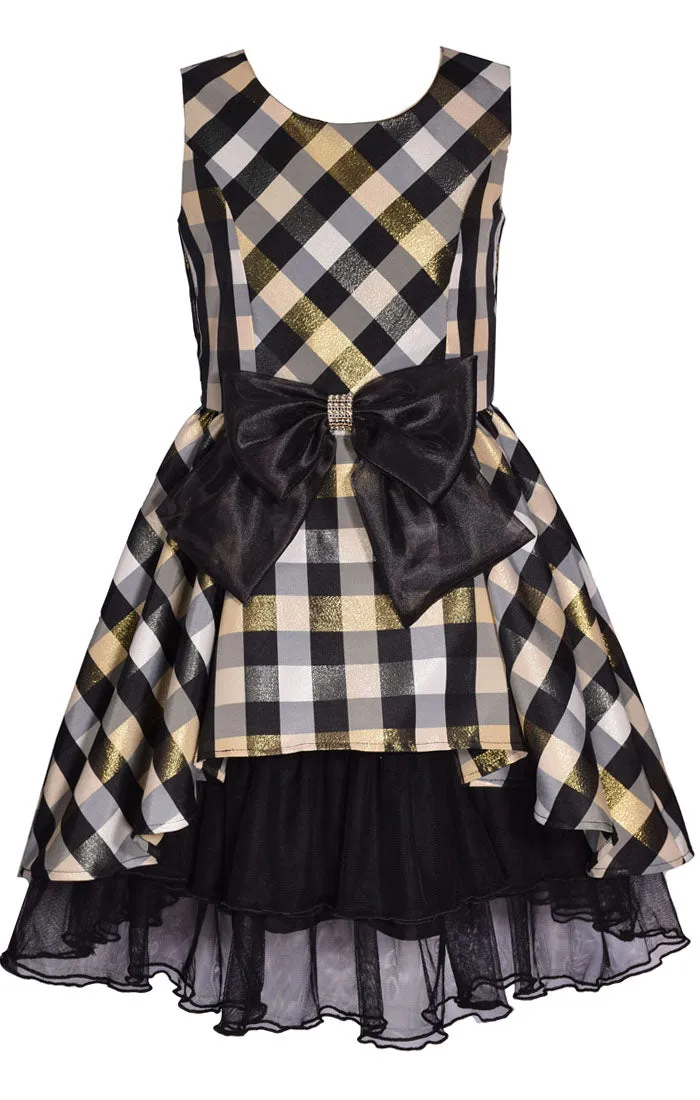 Black and Gold Sleeveless Princess Seam Taffeta Plaid Dress