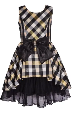 Black and Gold Sleeveless Princess Seam Taffeta Plaid Dress