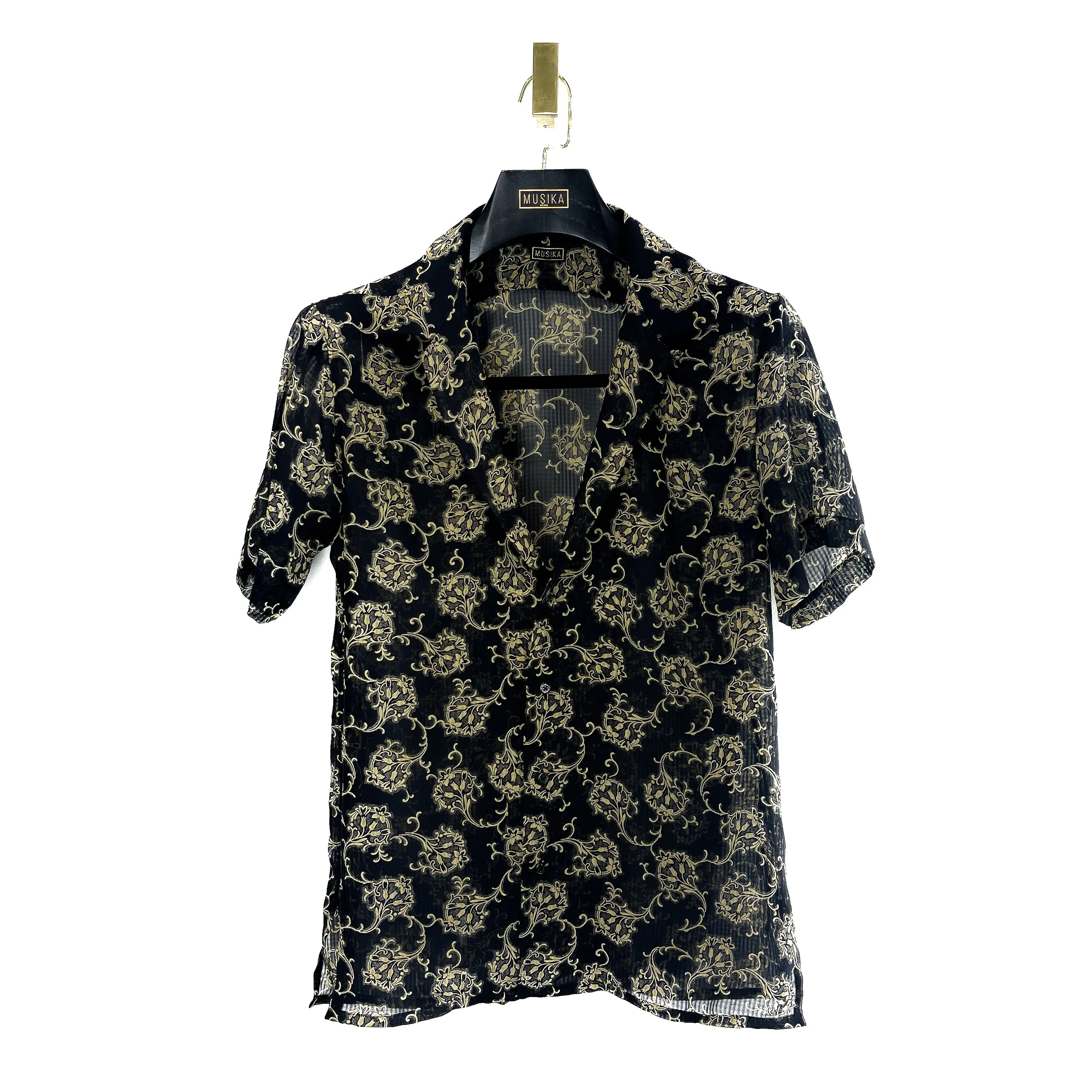 Black Beige Leaves Silk Shirt