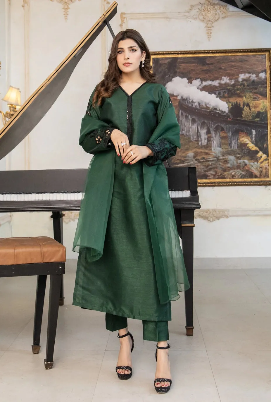 Bottle Green Raw Silk Pret 3 PCs