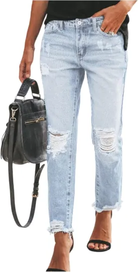 Capri Jeans for Women Stretchy Mid Rise Ripped Jeans Straight Leg Cropped Jean Raw Hem Distressed Denim Capri Pants