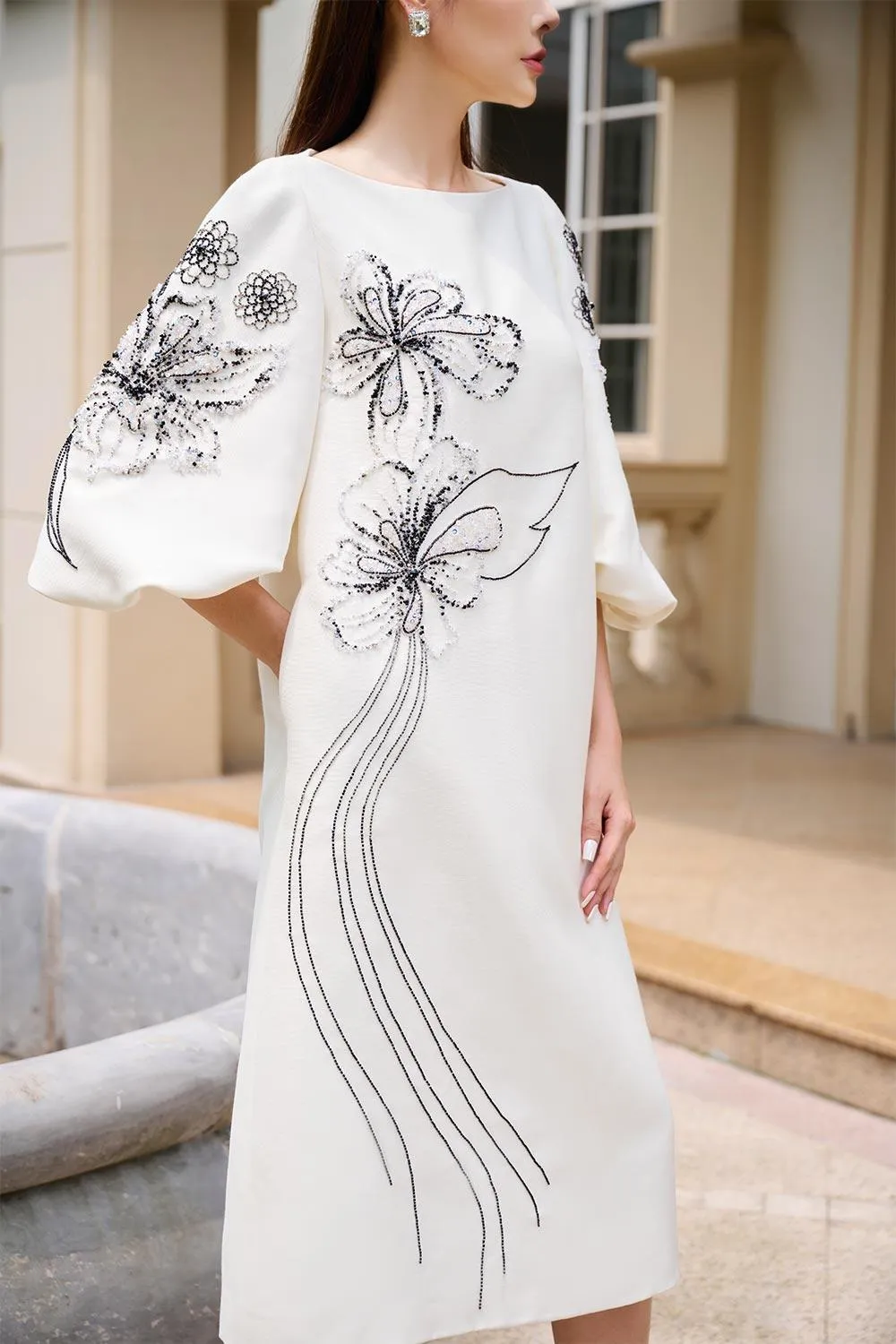 Catarina Trapezoid Boat Neck Taffeta Below The Knee Dress