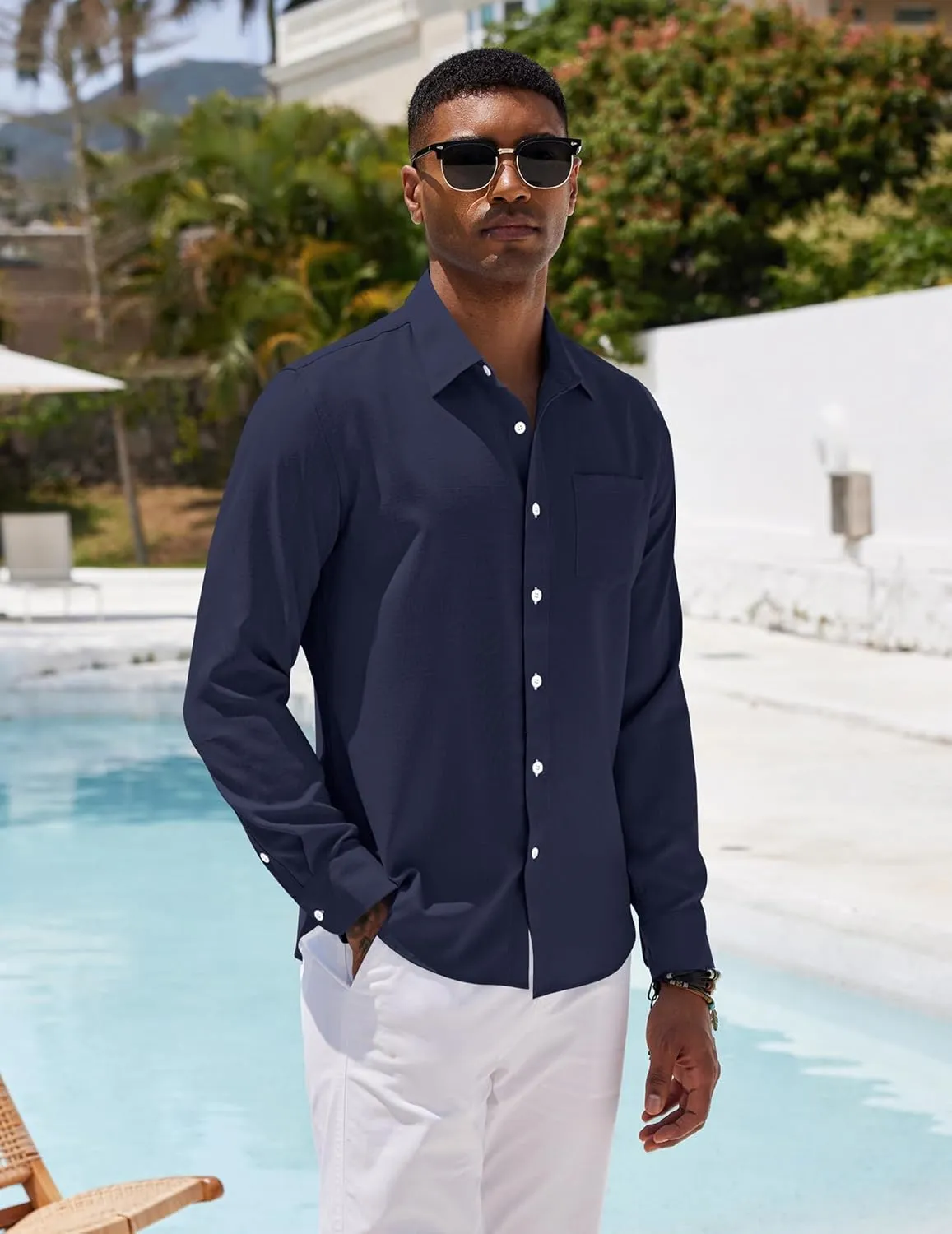 COOFANDY Men's Casual Button Down Shirt Long Sleeve Linen Chambray Shirt