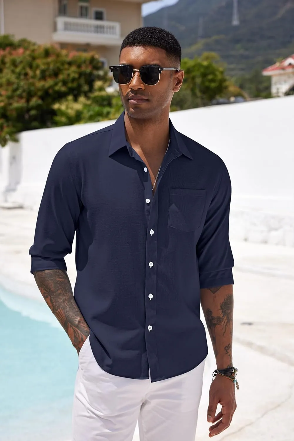 COOFANDY Men's Casual Button Down Shirt Long Sleeve Linen Chambray Shirt