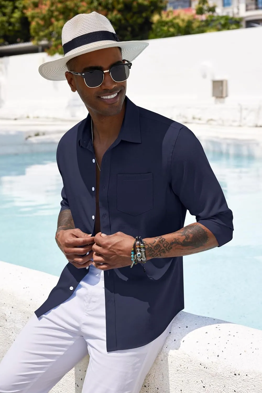 COOFANDY Men's Casual Button Down Shirt Long Sleeve Linen Chambray Shirt