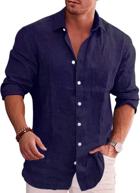 COOFANDY Men's Casual Button Down Shirt Long Sleeve Linen Chambray Shirt