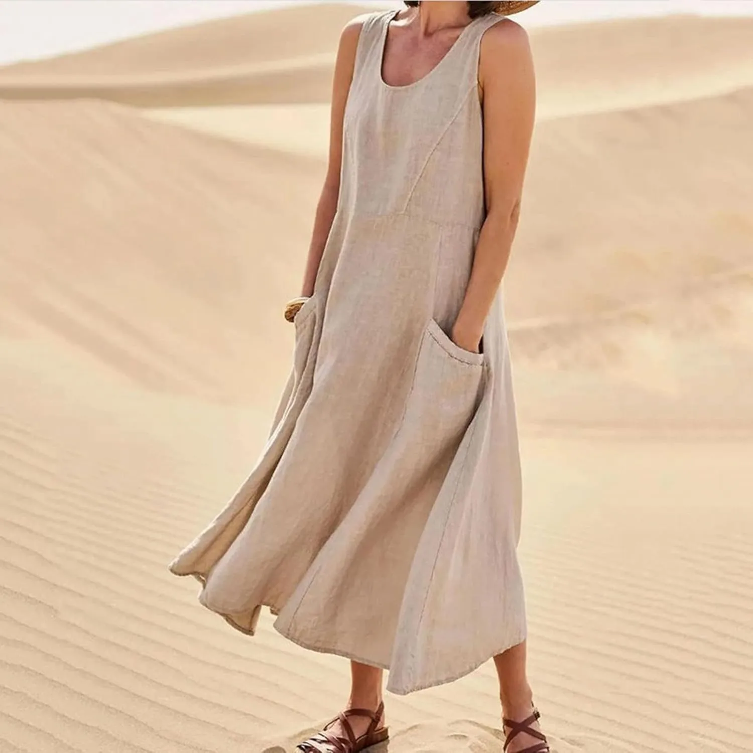 Cotton Linen Maxi Dress Women's 2025 Summer Boho Casual Beach Dresses Sleeveless Solid Long Sundress Vacation Outfits