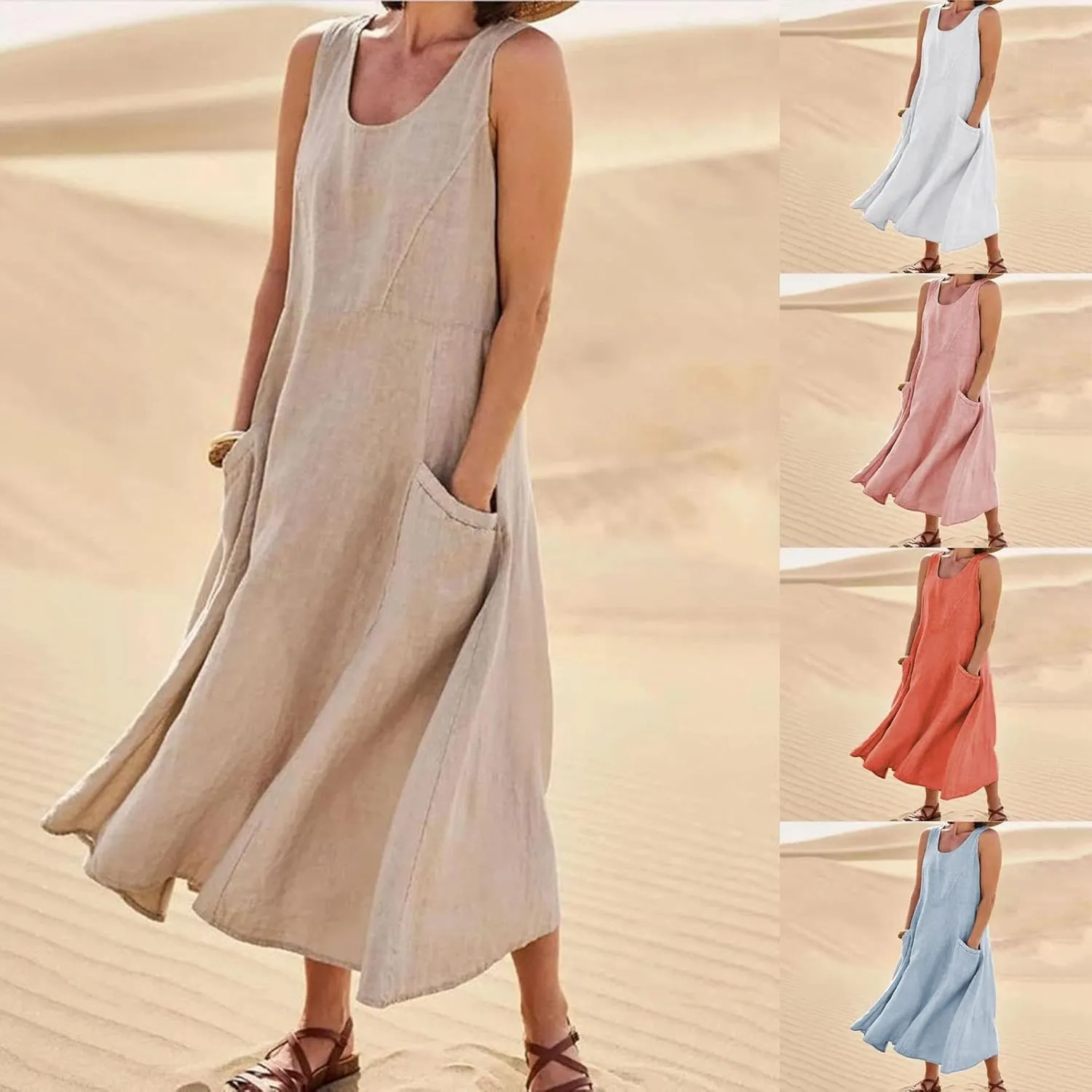 Cotton Linen Maxi Dress Women's 2025 Summer Boho Casual Beach Dresses Sleeveless Solid Long Sundress Vacation Outfits
